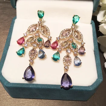

fashion leaf cubic zirconia long tassel earring for women