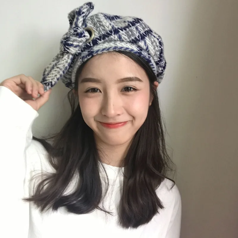 

Japanese sweet plaid bow tie woolen beret 2019 Korean version of autumn and winter wild flat top painter hat women accessories