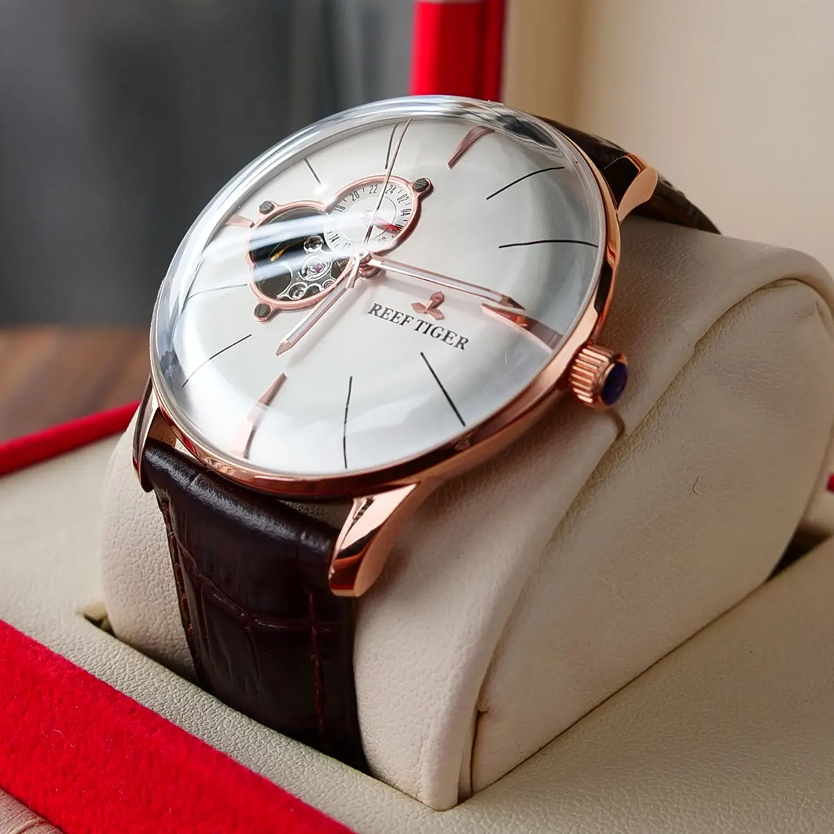 Reef Tiger reloj de oro rosa para hombre cron grafo mec nico autom tico con correa de cuero marr n Tourbillon RGA8239