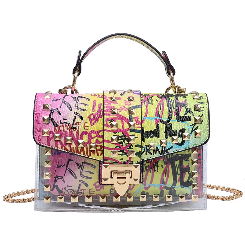 PVC Transparent Jelly Bag 2022 Fashion Graffiti Chain Single Shoulder Messenger Bag Purses and Handbags Tote Bags for Women