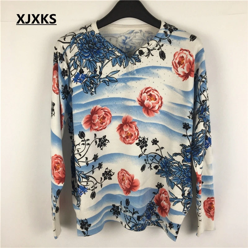 

XJXKS Autumn Sweater Women Retro Knitting Pullover New Ladies Loose Tops V-Neck Long-sleeved Print Large Size Casual Sweater