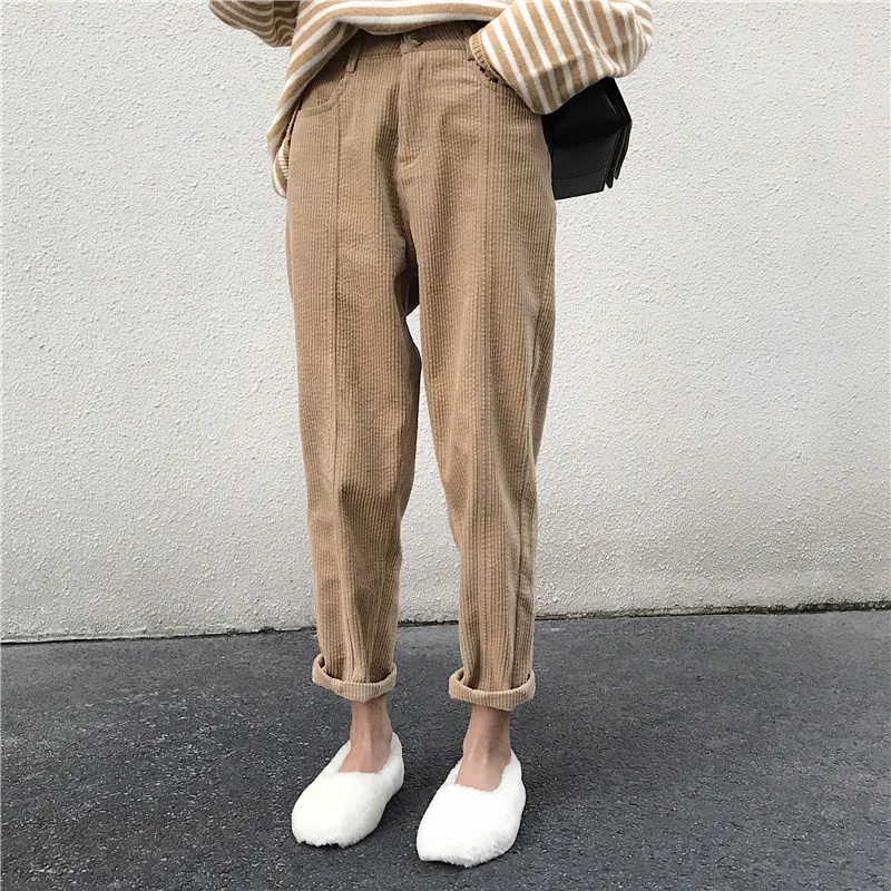 

2019 Japanese retro style corduroy straight slim casual trousers Regular Zipper Fly Pockets Solid Polyester
