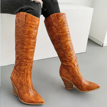 

Women Knee-high boots plus size 22-28cm long boots women winter boots Super high heel Geometric embossing womens boots leather