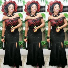 Aso Ebi черные кружевные сексуальные платья для выпускного вечера с открытыми плечами с разрезом по бокам Бальные платья русалки плюс размер красный блесток женское вечернее платье