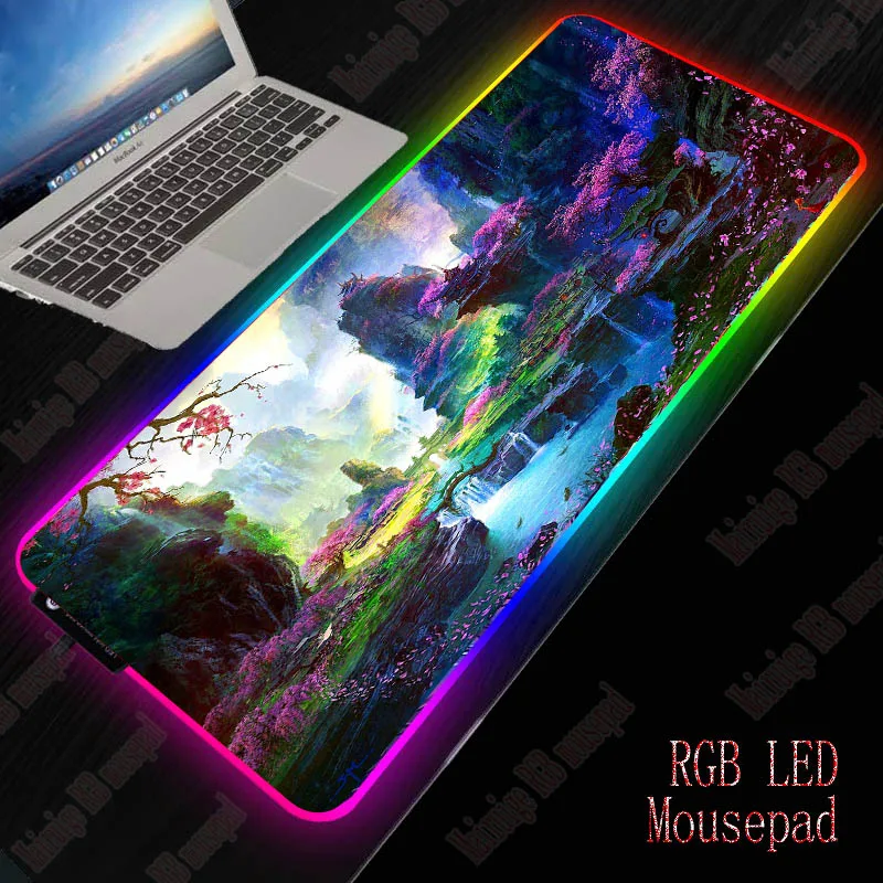Yuzuoan лес ткань с пейзажем ткань RGB большой игровой коврик для мыши настольный компьютер клавиатура Коврик светодиодный тыловая подсветка ковер коврик