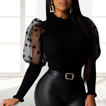 

Petal Sleeve Blouse Shirts Women's Fashion Solid Print Dot Stitching Bubble Petal Long Sleeve Top blusas mujer de moda