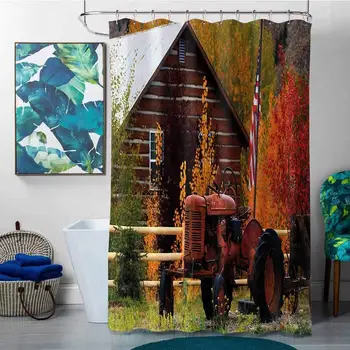 

Shower Curtains and Liners for Bathroom Fall,Rustic Cabin with Rusty Tractor Country Cottage House Seasonal Colors US Flag