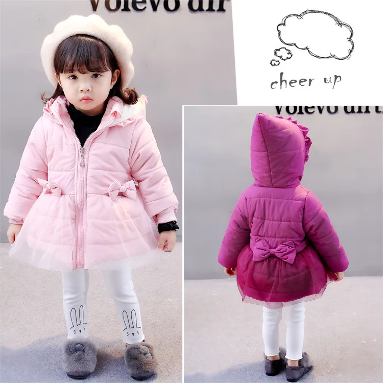 

2017 New Style Solid Color 2 PCs Bow Cotton-padded Clothes Cotton-padded Jacket 1-2-3-Year-Old Baby Girls Korean-style Winter Co