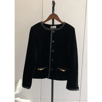 

Cosmicchic 2020 Autumn Women Black Jacket Velvet Blazer Single-Breasted Pocket Leather Border Leather Button Jacket Female Coat