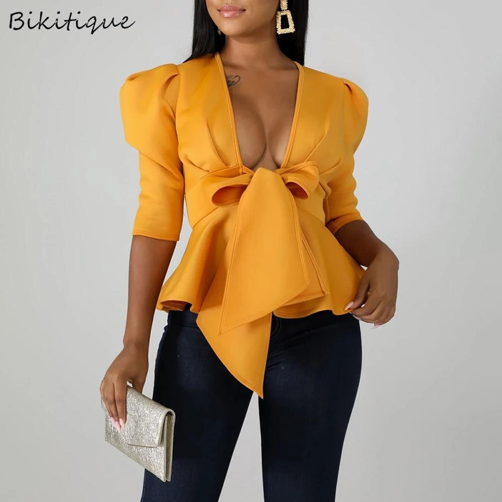 Bikitique mujer Scuba Bow Peplum blusa camisas media manga Sexy cuello en V blusas Office Lady blusa Club|Blusas y camisas| - AliExpress