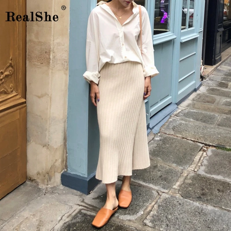 Realshe, длинные юбки для женщин, s, юбка макси, высокая эластичная талия, однотонная, трикотажная, Jupe Femme,, весна-осень, Женская длинная юбка с разрезом
