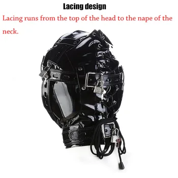 Wet Look Locking Bondage Bdsm Mask, Open Mouth Hood Blindfold Restraints Leather Harness ,Sex Toys For Couples Exotic 3