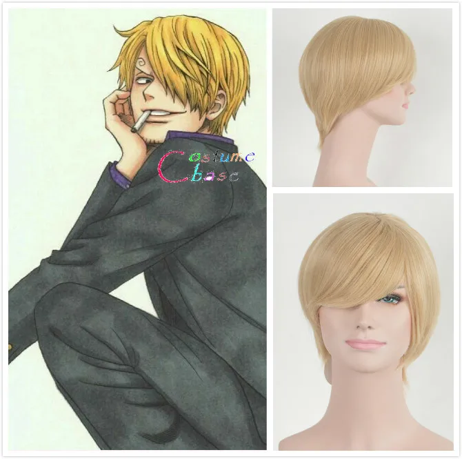 

One Piece Anime Cosplay Sanji 30cm Blonde Short Straight Men Yellow Synthetic Hair Heat Resistant Halloween Party + Free Wig Cap