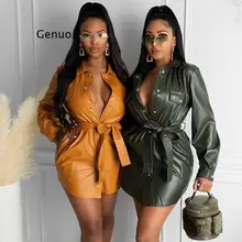 S-4Xl Plus Size Women's Leather Dress 2021 Fall/winter Fashion Pu Dress with Buttons Long Sleeve Lapel Collar Waist Casual