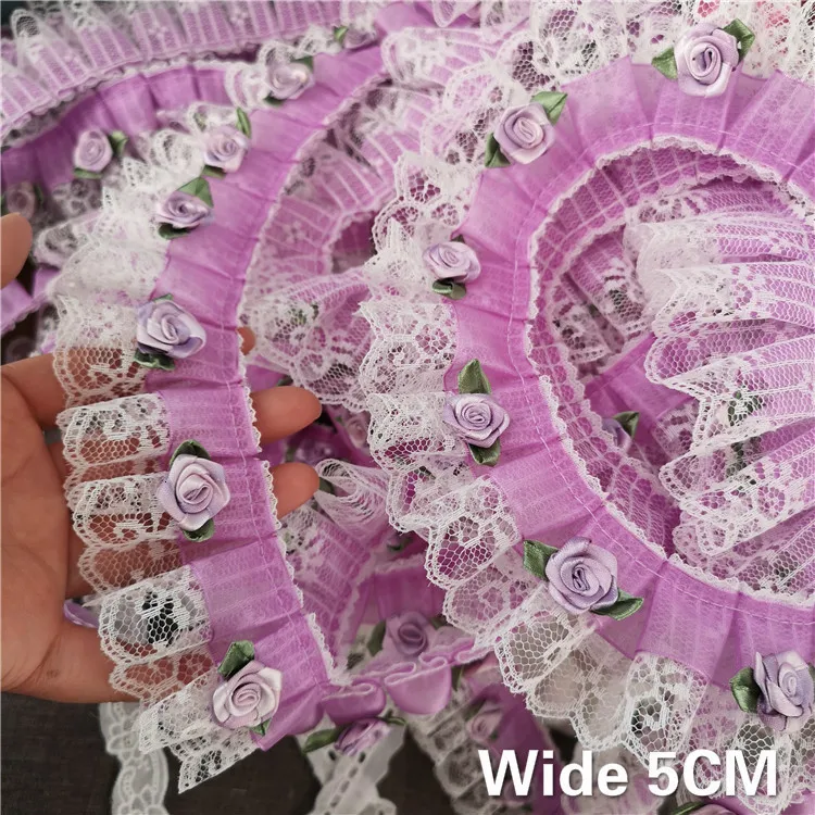 5CM Wide Luxury Purple Tulle Pleated Chiffon Lace Fabric 3D Applique Guipure Ribbon Curtains Prom Dress Wedding Veil DIY Sewing | Дом и сад
