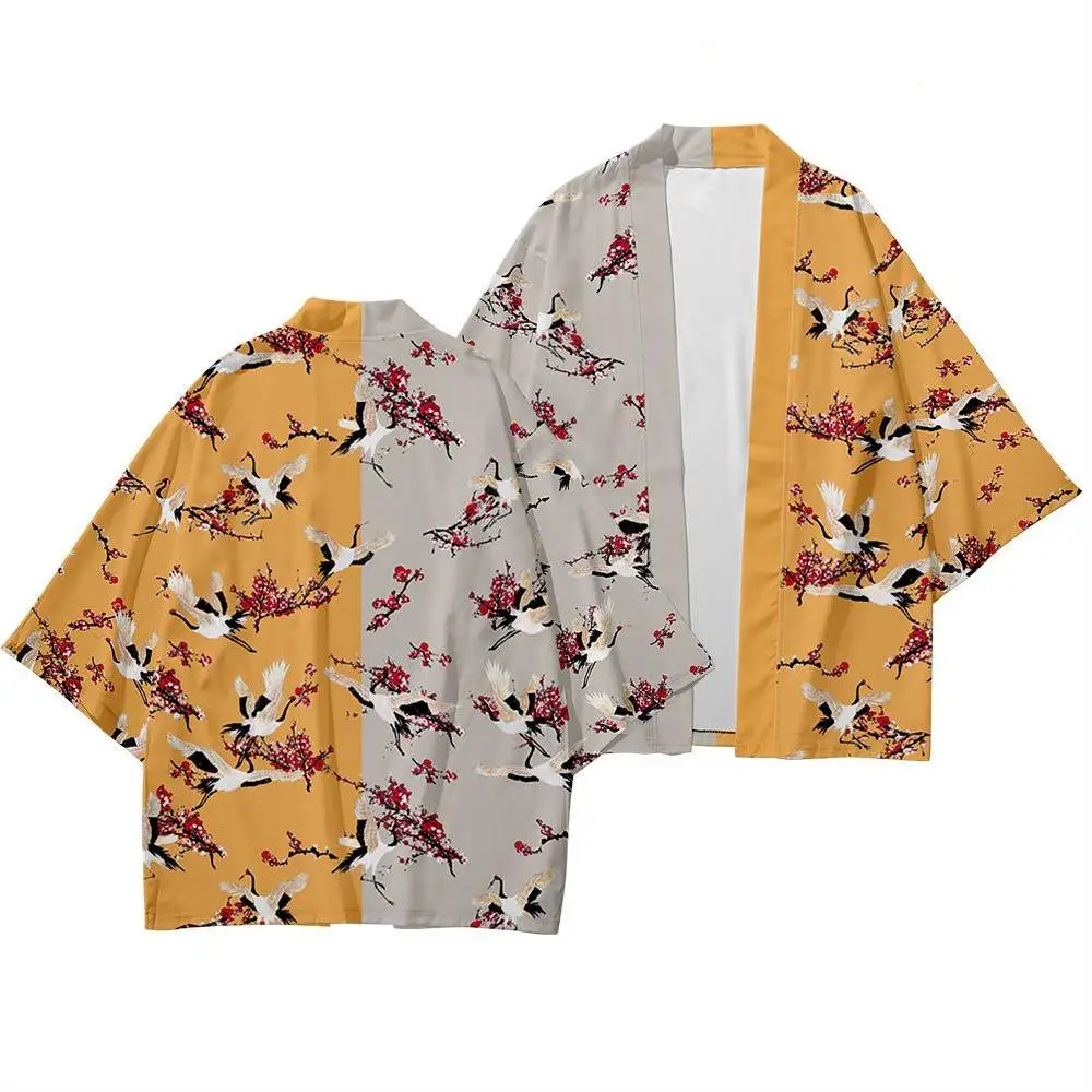 

Men Kimono Traditional Casual Loose Thin A Set Of Coat And Pants Summer Japanese Clothes Crane Print Kimono Cardigan Clothing