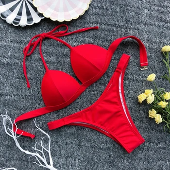 

Summer Sexy Red Micro Bikini Set Women Bathing Suit Bandage Halter Padded Bra Thong Swimsuit Swimwear Beach Wear