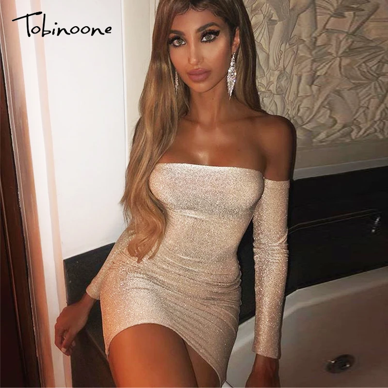 Tobinoone Slash neck bodycon mini dress Long sleeve one piece sexy dress Female autumn winter elegant party club night dress