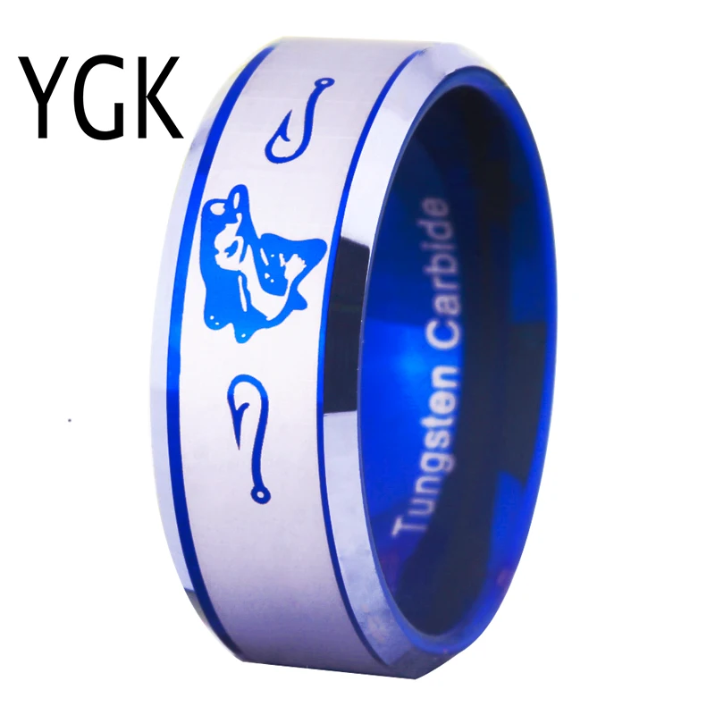 Free Shipping USA UK Canada Russia Brazil Hot Sales 8MM Fishing Ring Fish & Hooks  Beveled New Men's Tungsten Wedding Ring