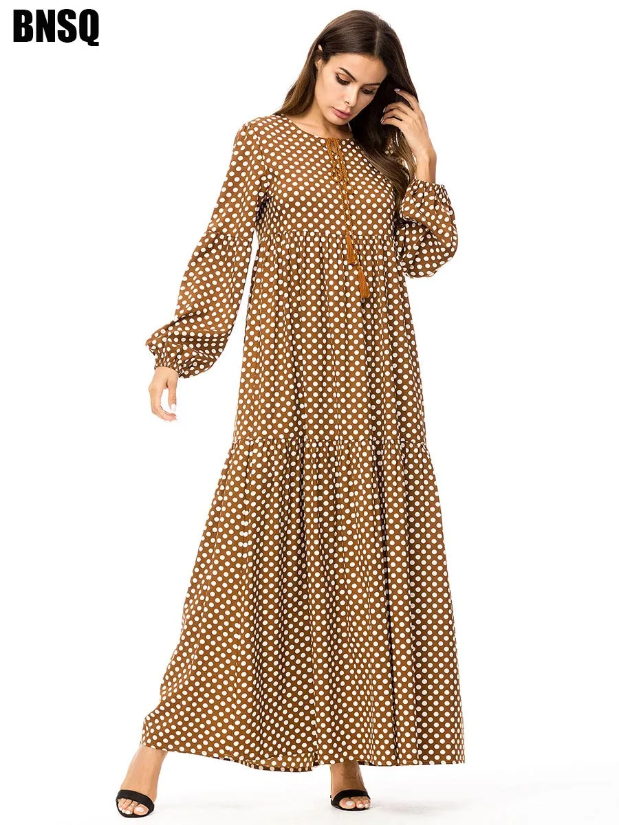 dark khaki BNSQ длинное платье с круглым вырезом большого размера коричневый горошек печати Многослойные складки большая элегантная одежда Арабский мусульманский одежда из Дубая Халат - Цвет: dark khaki