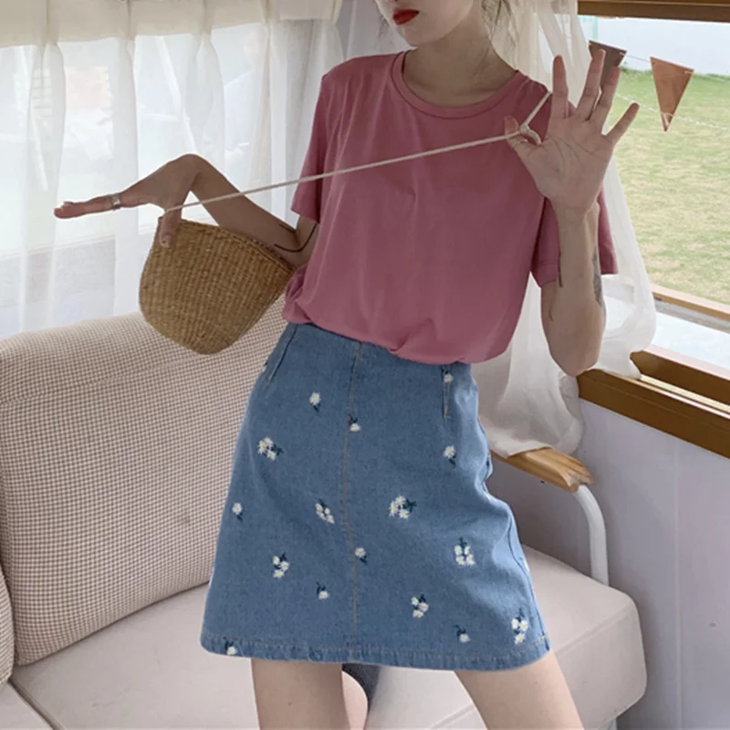 Korean Style High Waist Woman Short Jean A-Line Skirts for Ladies Women Summer Cute Daisy Embroidery Denim Skirts Cottagecore