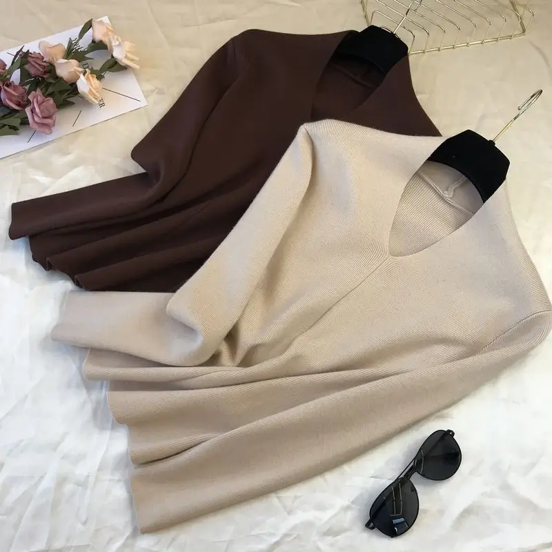 

Amolapha Woman Knit Sweaters Long Sleeve V Neck Women Solid Knitted Jumpers