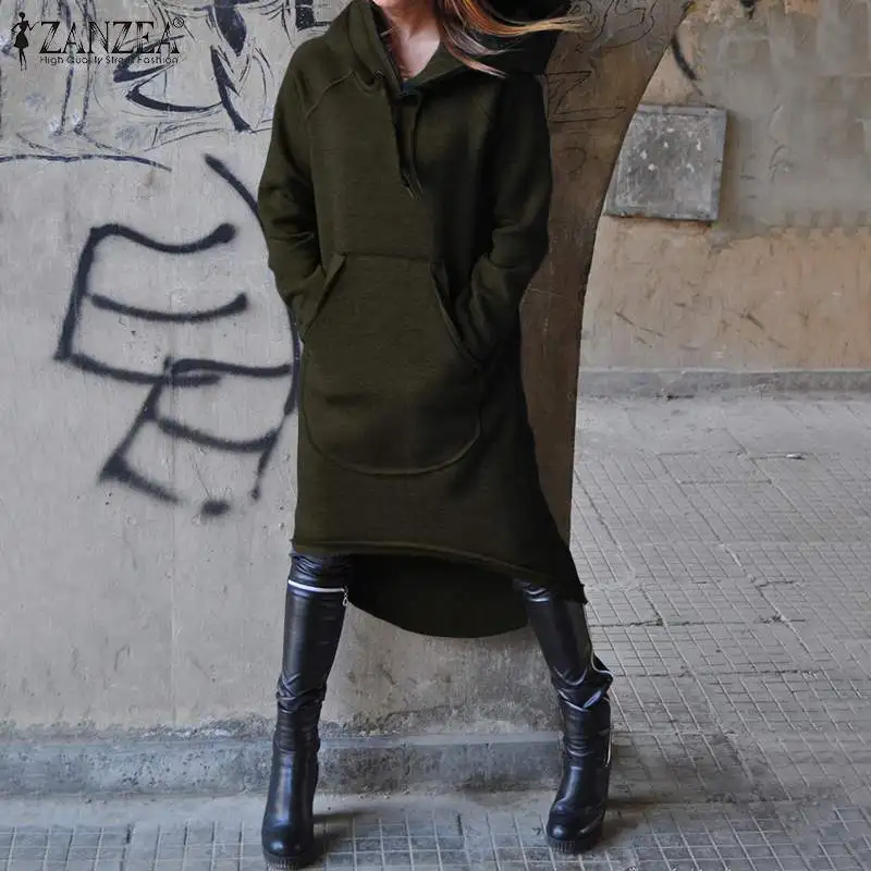 Plus Size Women's Sweatshirts Midi Hoodies Dress 2019 ZANZEA Irregular Vestidos Female Long Sleeve