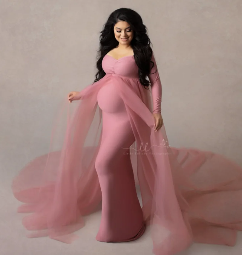 

Pink Maternity Dresses Photography Props Shoulderless Pregnancy Stretchy Long Dress Baby Shower Photo Shoot Cotton Dress