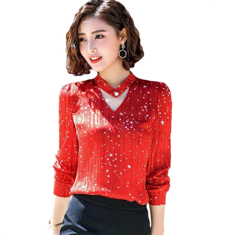 

Big Size 4XL Women Printed Chiffon Shirt 2019 Spring Mode Long Mouw V -neck Blouse Office Lady Workwear Loose tops CM1168