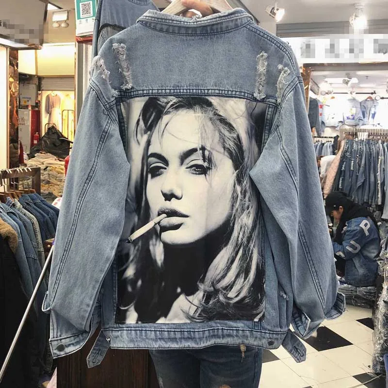 

Spring Autumn New Women Holes Women Patch Denim Jacket Female Student Loose Student Vintage Jean Jackets Girls Basic Coats