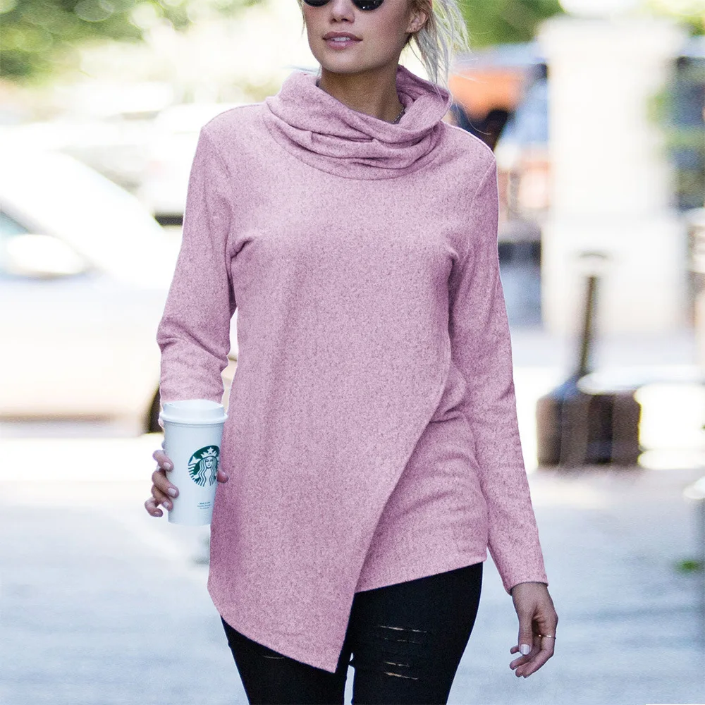 

Women High Collar Irregular Pullovers Long-sleeved Sweatshirt Bottoming Shirt Tops 2019 Autumn Mujer Pink Female Clothing