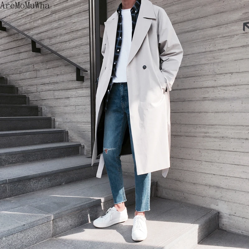 

AreMoMuWha Autumn New Style Korean Windbreaker Men's Mid-length Handsome Over-the-knee Coat Youth Trend Big Clothes Poncho Men