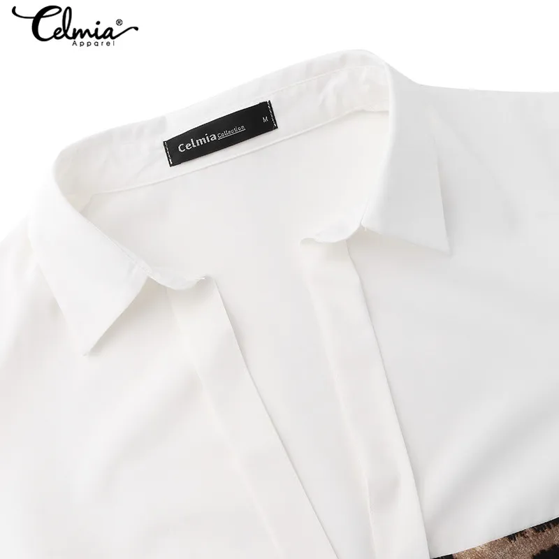Celmia 2020 Sexy Leopard Stitching Blouse Womens Clothing Autumn V-Neck Long Sleeve Shirts Casual Loose Tops Vintage Blusas 5XL