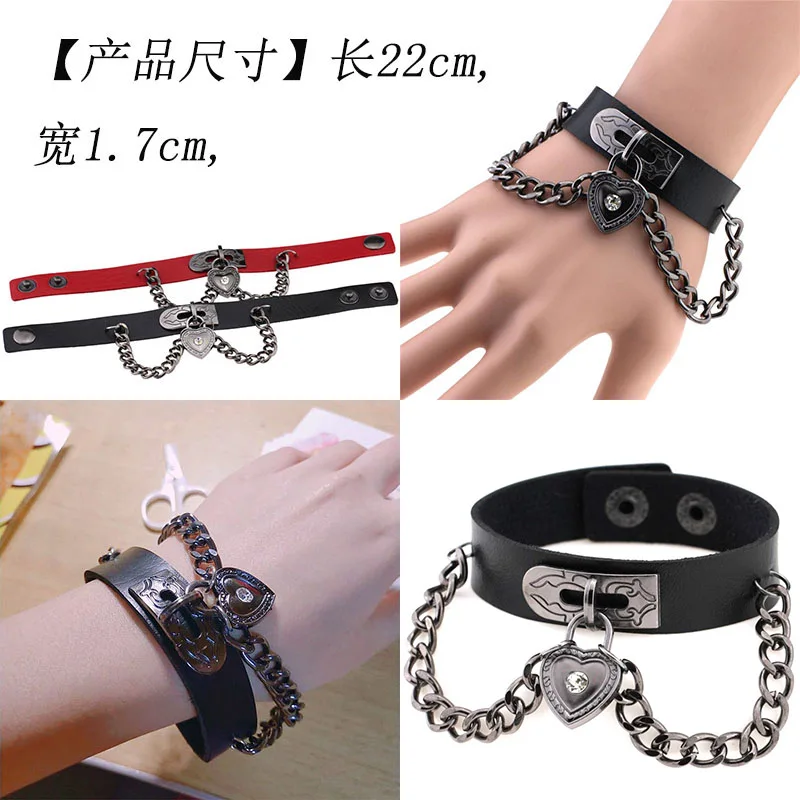 Black Leather Wristband Bracelet Cuff goth gothic bar punk bracelets women men metal armbands cosplay can be adjusted jewelry - Image 3