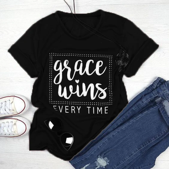 black tee white text Grace Wine Ever Graphic футболка Повседневная Стильная хлопковая одежда футболка стильная надпись Grunge Chritian Bible Verse art Tops - Цвет: black tee white text