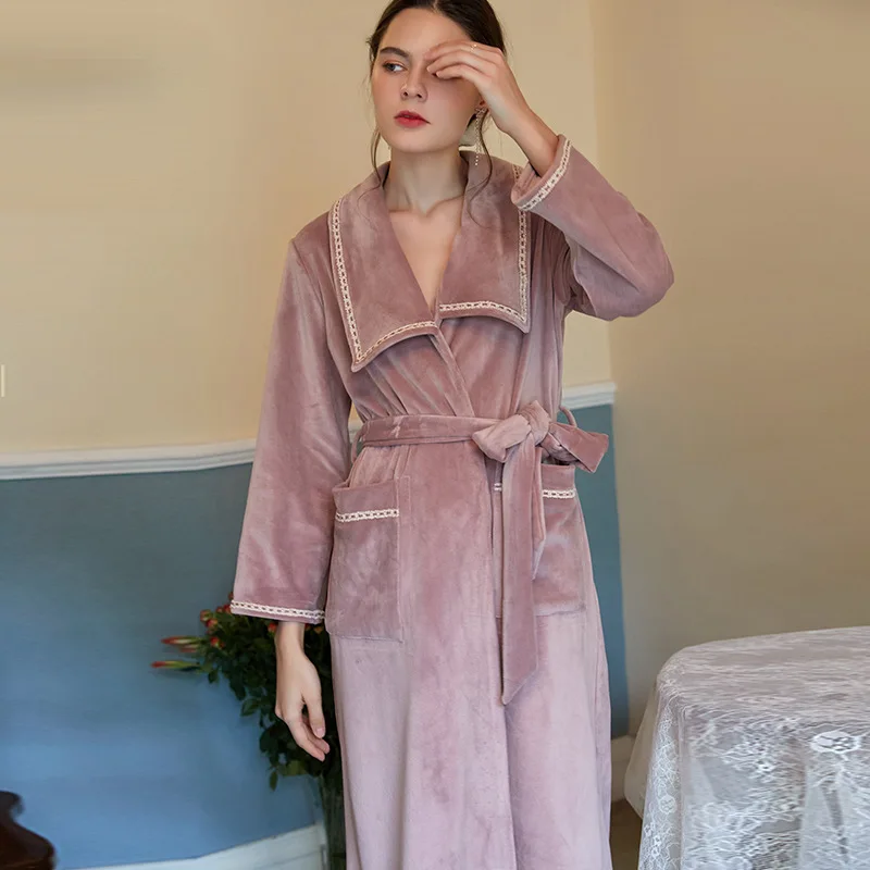 

Wasteheart Winter Luxury Pink Pajama Sexy Women Robe Sleepwear I-MC Nightwear Plus Size Keep Warm Bathrobe Sashes Plus Size