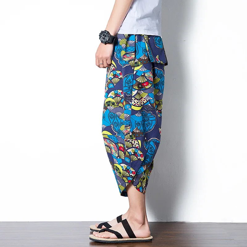 

Social Fella Print Pants Summer Chinese-style Flax Nepal Baggy Pants Men's Large Size Capri Casual