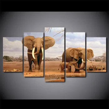 

5 Pieces HD Printed African Elephants Family Painting Canvas Print Room Decor Print Poster Picture Canvas Painting
