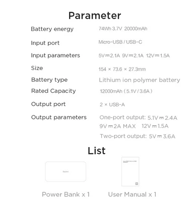 Оригинальный Redmi Power Bank Xiaomi 20000 мАч PB200LZM QC3.0 USB Type C портативное зарядное устройство