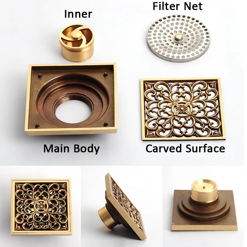 Euro-Floor-Drains-Antique-Brass-Shower-Floor-Drain-Bathroom-Deodorant-Euro-Square-Floor-Drain-Strainer-Cover