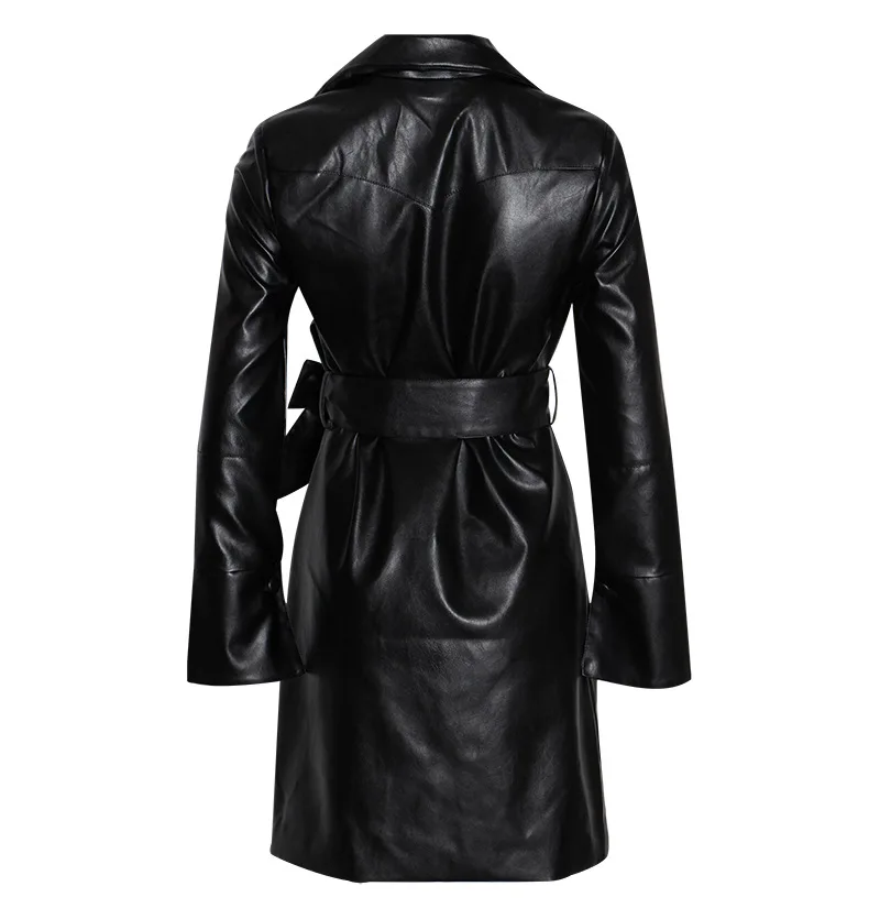 High Quality New Designer PU Leather Jacket Women Turn Down Collar Leather Coat With Belt Female Fashion Slim Long Leather Coat