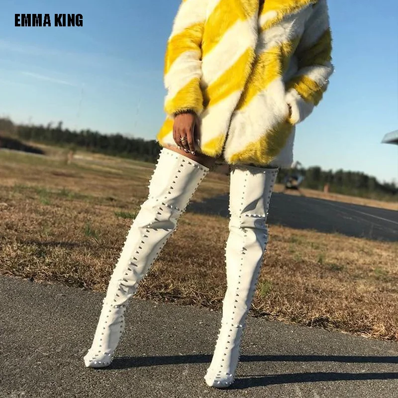 

Sexy Stiletto White Women Rivets Platform Over the Knee Boot Night Club Runway Shoes Lady Pointed Toe Thigh Boots 2021