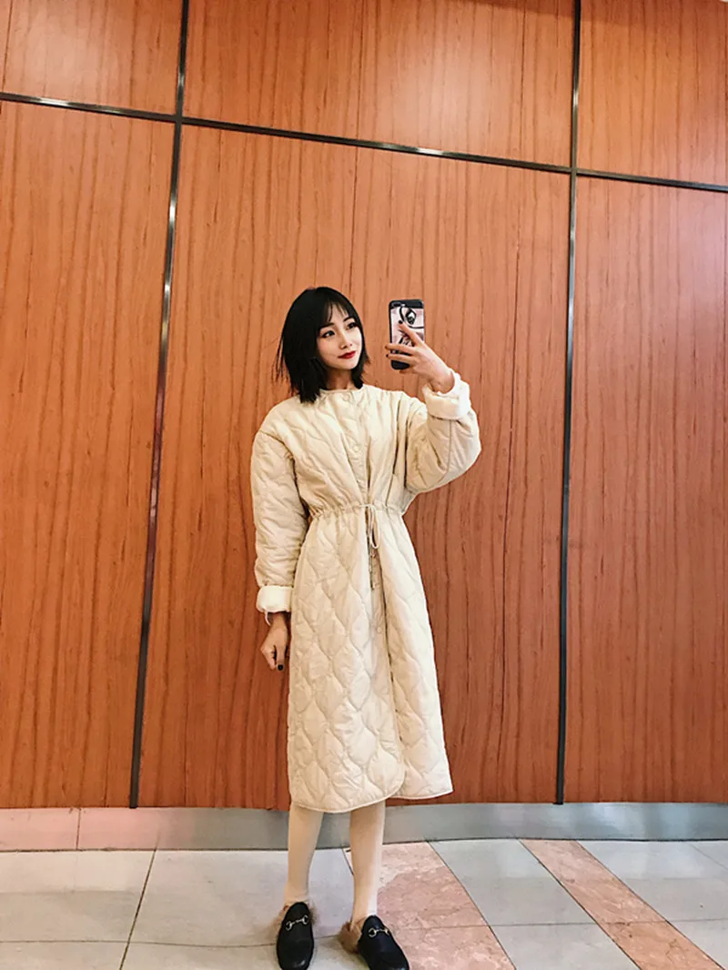Хлопковое пальто для фотосессии, шикарное, средней длины, Dongdaemun, выше колена, приталенное, облегающее, хлопковое пальто для женщин, стиль, плотное, Котт