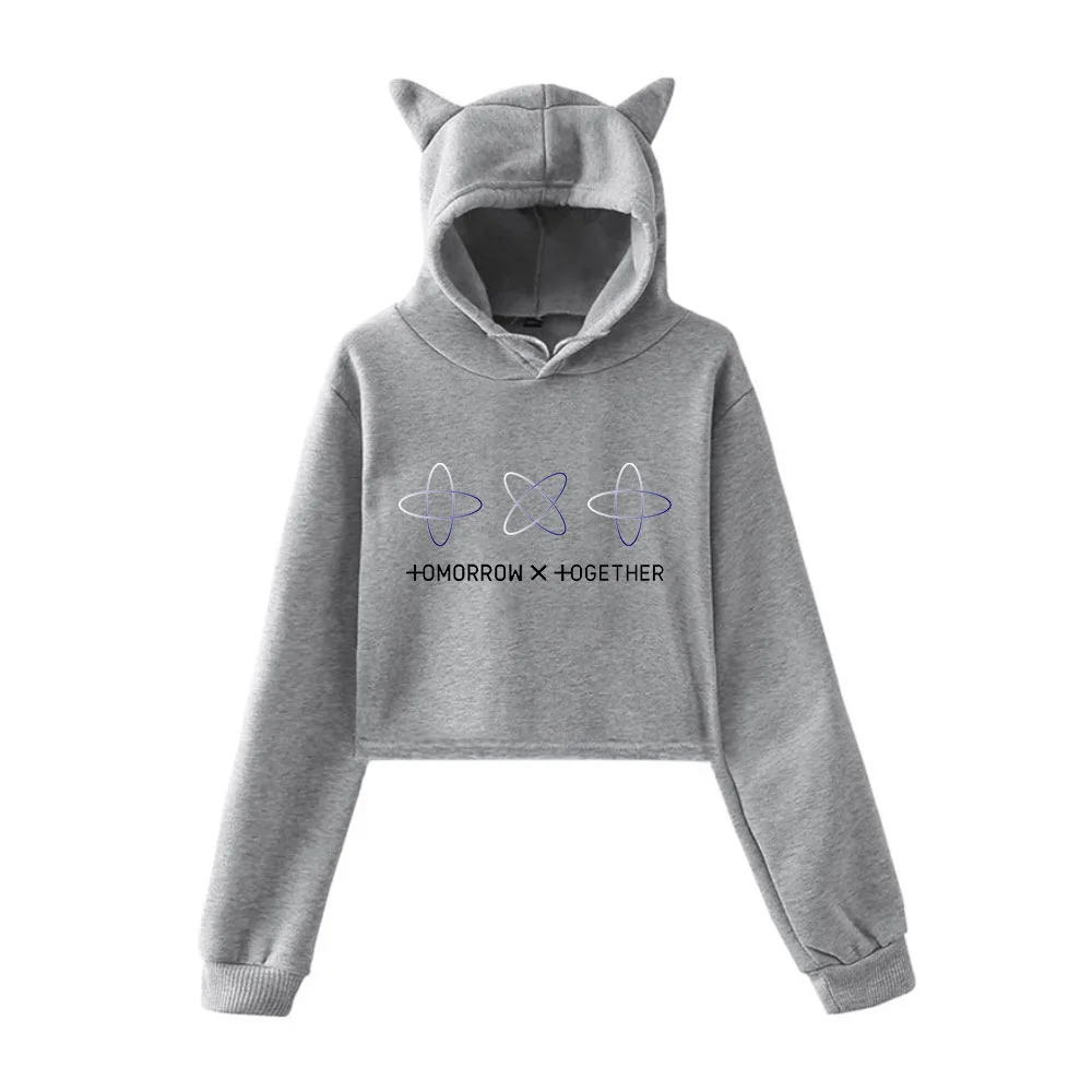 Серый Попкорн KPOP TOGETHER Cat Ear Hoodie женский дропшиппинг - Цвет: Серый