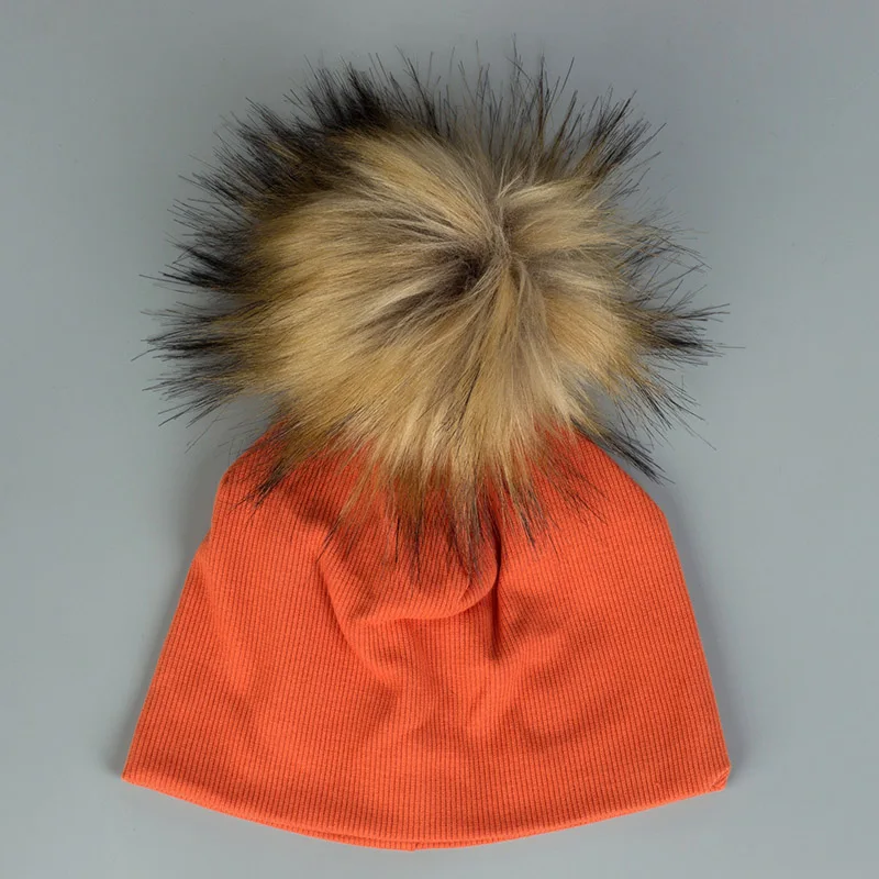 Детские ребристые мешковатые плотные вязаные шапочки с помпонами, зимние теплые шапки для маленьких девочек, модные бейсболки для малышей, однотонные шапки для волос - Цвет: 16Orange