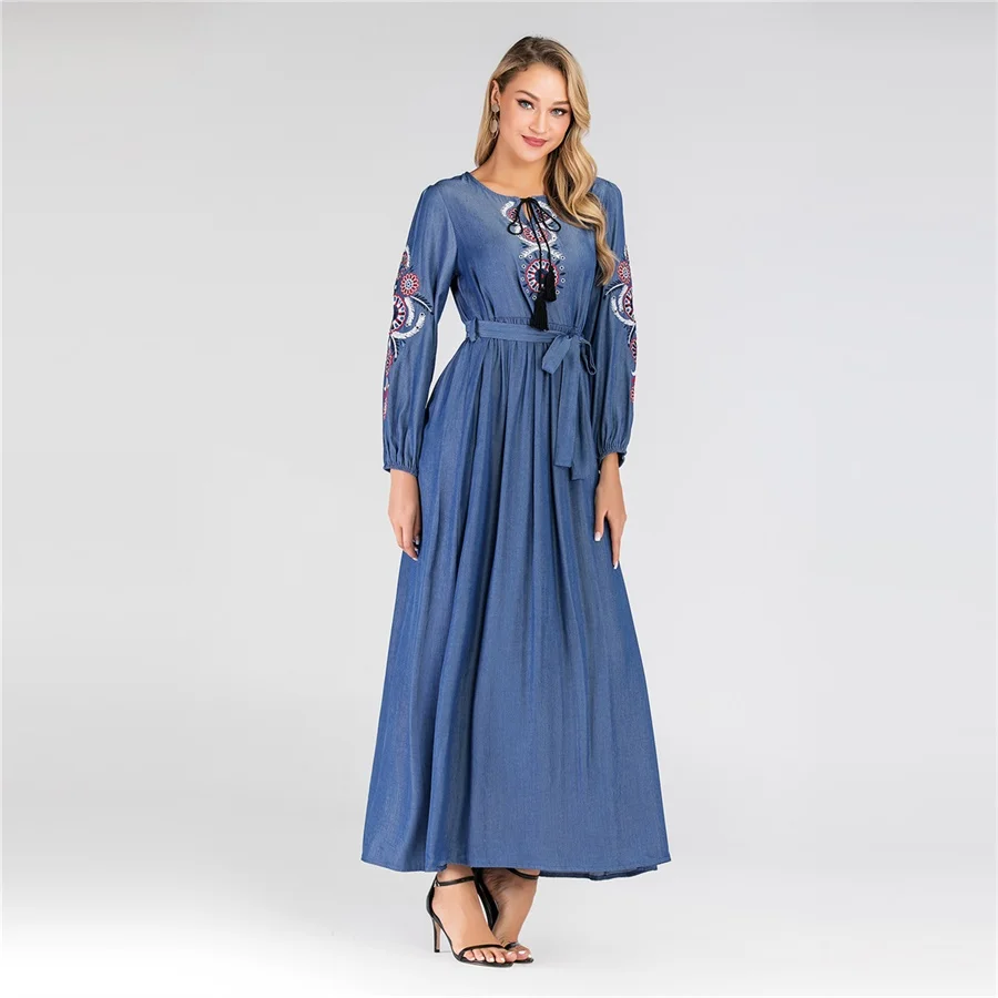 Siskakia джинсовое мусульманское длинное платье с вышивкой, длинный рукав, трапециевидные макси платья, женские синие пояса, Арабская Исламская повседневная одежда