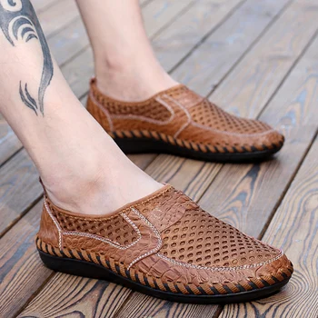 

2020 Summer Breathable Mesh Shoes Mens Casual Shoes Genuine Leather Slip On Brand Fashion Summer Shoes Man Soft Comfortable
