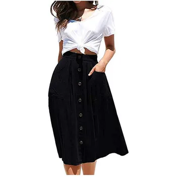 

2019 Vintage Womens Skirt Fashion A-line Midi Skirt Elastic High Waist Solid Color Front Button Casual Pleated Skirt with Pocket