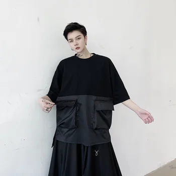 

Male Streetwear Hip Hop Loose Tee Shirt Men Pocket Splice Japan Karajuku Streetwear Short Sleeve T-shirt