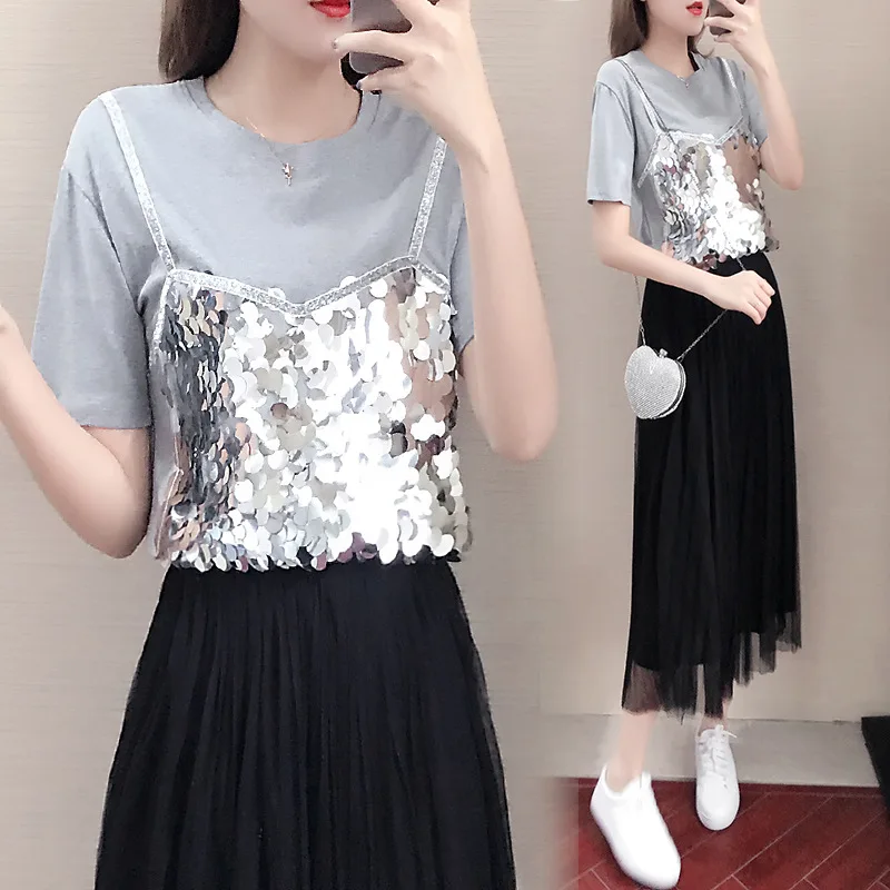 

2019 Summer Wear New Style Korean-style Large Size Fat Mm Plus-sized Fashion Network Red Sequin Dress Outfit